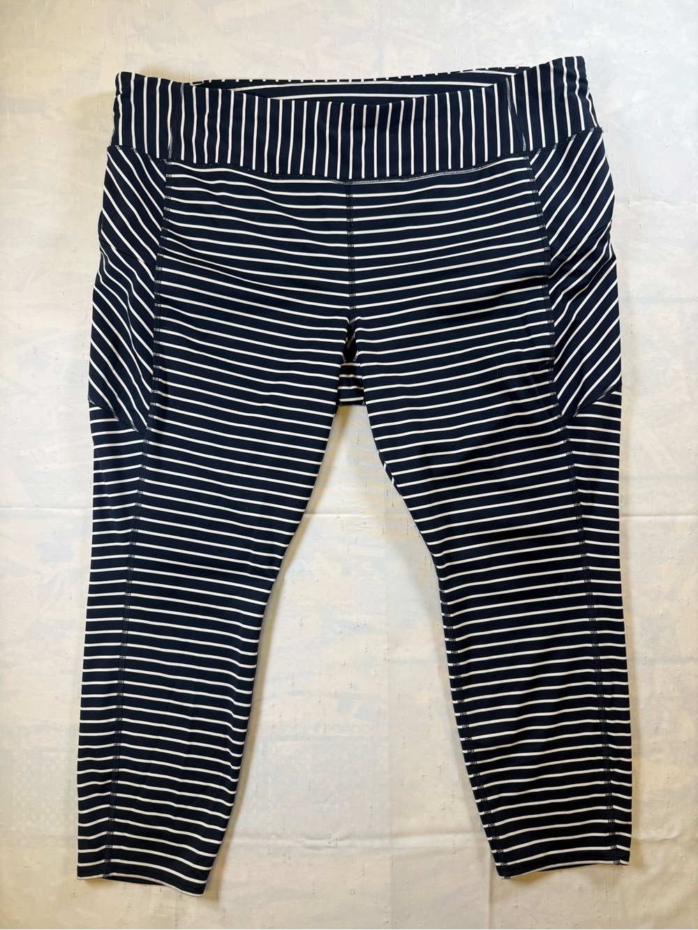 Athleta Navy and White Striped Leggings with Wide Waistband NWOT